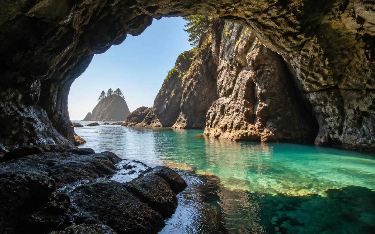 Sunlit sea cave on the Oregon coast with turquoise water