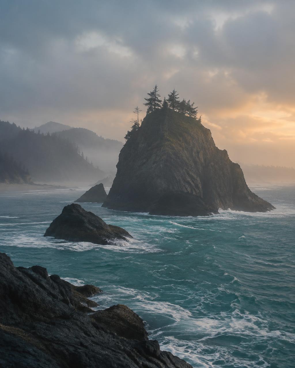 Misty Oregon sea stack rising from teal Pacific water at dawn