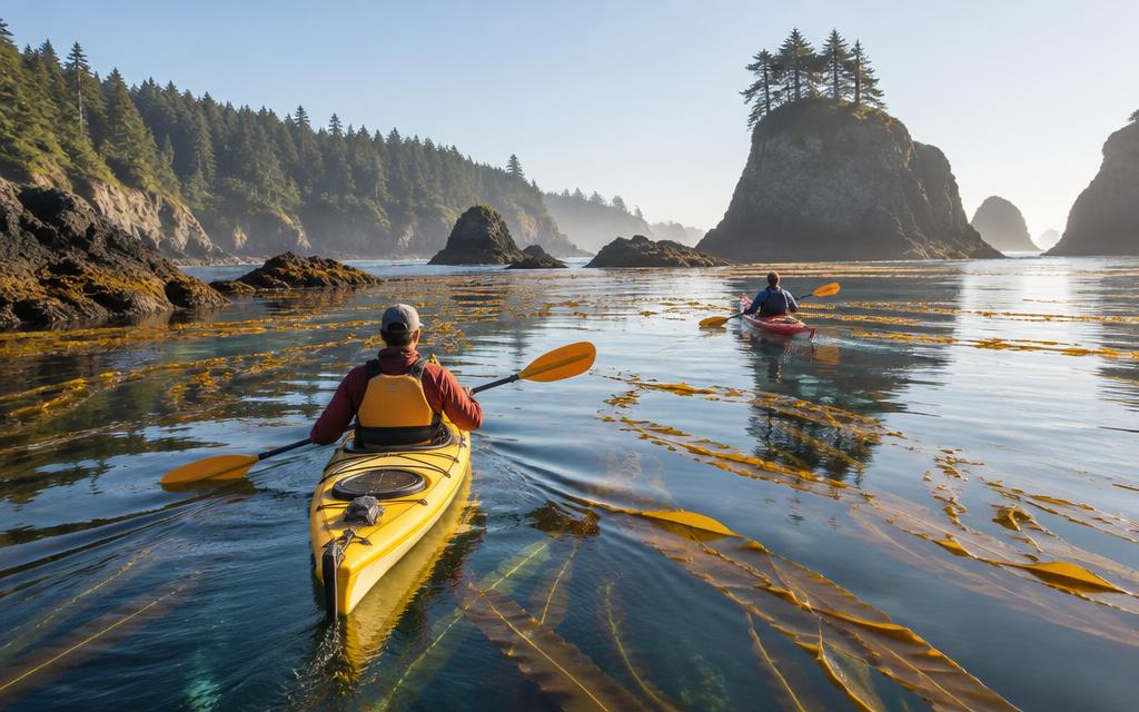 Kayakers paddling through a calm kelp forest on the Oregon coast