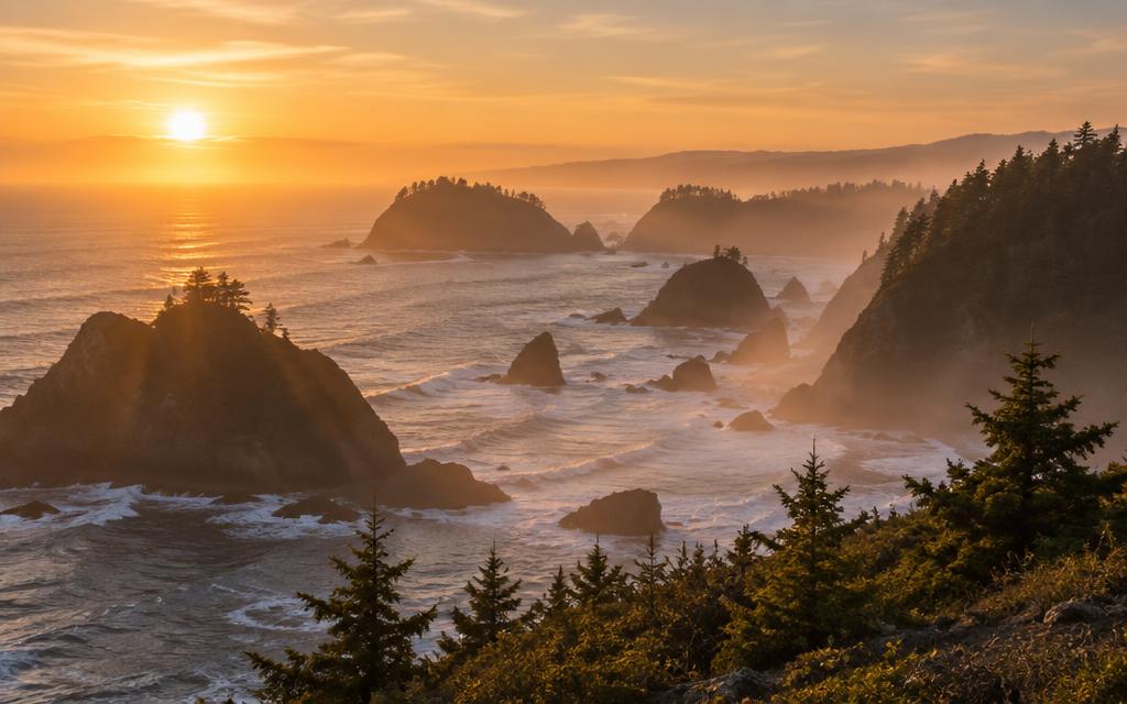 Sunrise over a rugged Oregon coastline with rocky headlands and mist