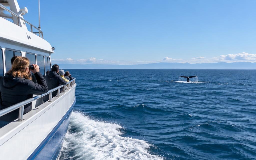 Whale watching boat on the open Pacific with a distant whale tail